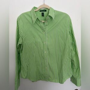 Ralph Lauren Women's Green and White Striped Button Down Shirt